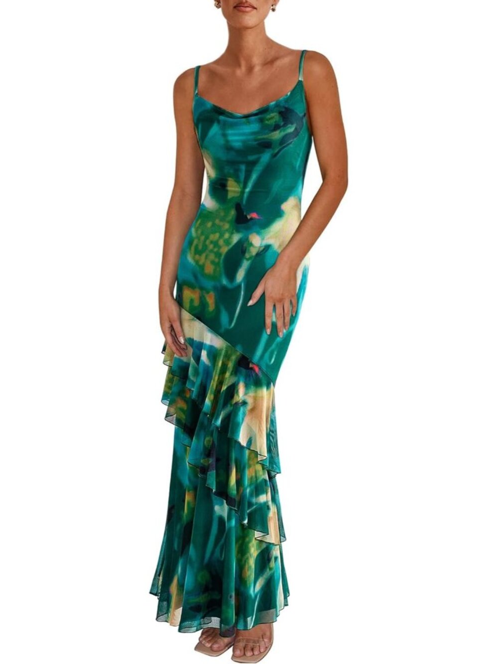 Women's Green Maxi Dresses Summer Tiered Floral Beach Sundress Spaghetti Strap
